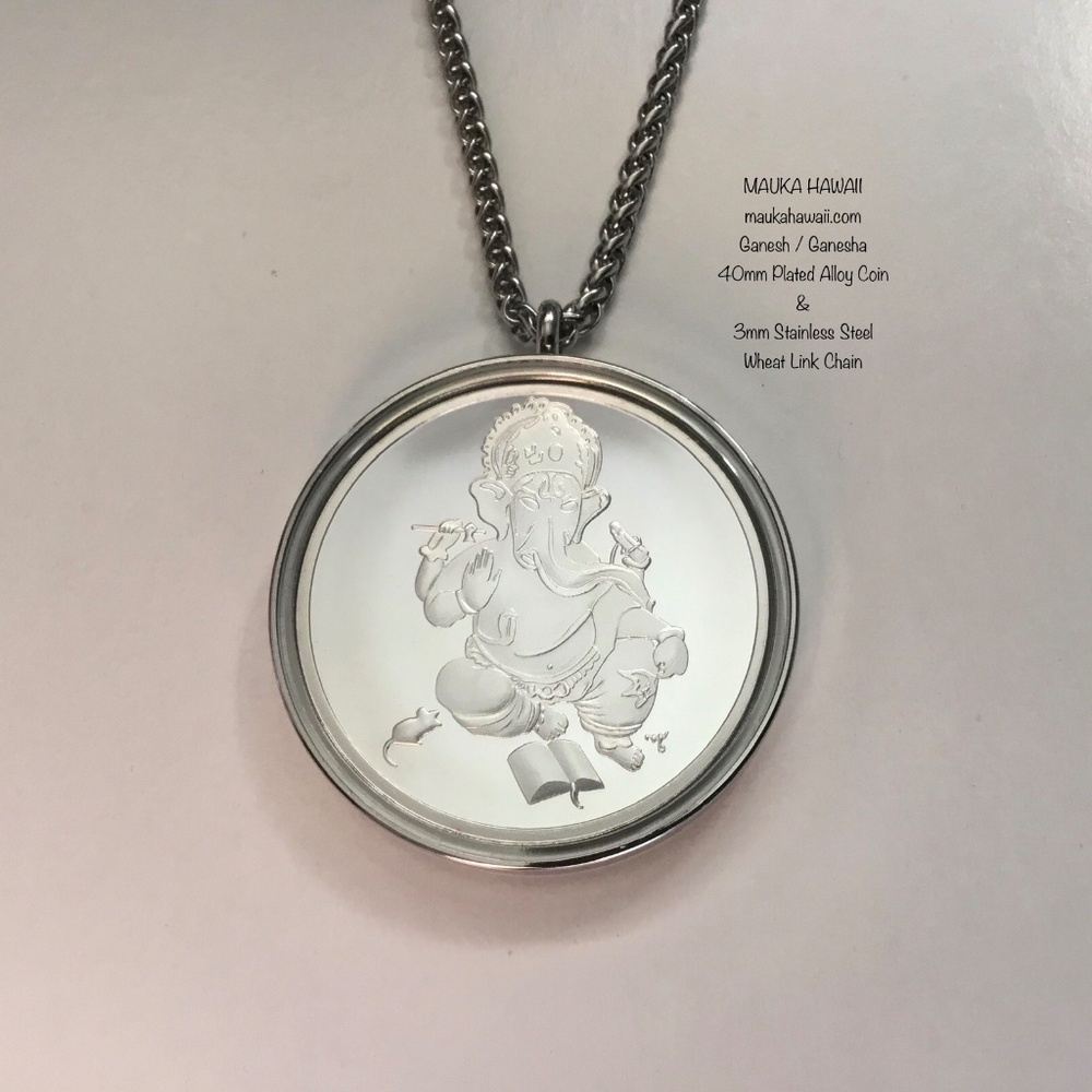 Ganesh Ganesha Hindu Buddhist Coin + Glass Coin Locket + 60cm Wheat Link Chain